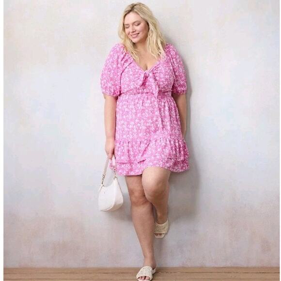 Lauren Conrad Womens Tie Front Mini Dress Sz 2X Pink Spotty Blossom Peasant - Picture 8 of 8